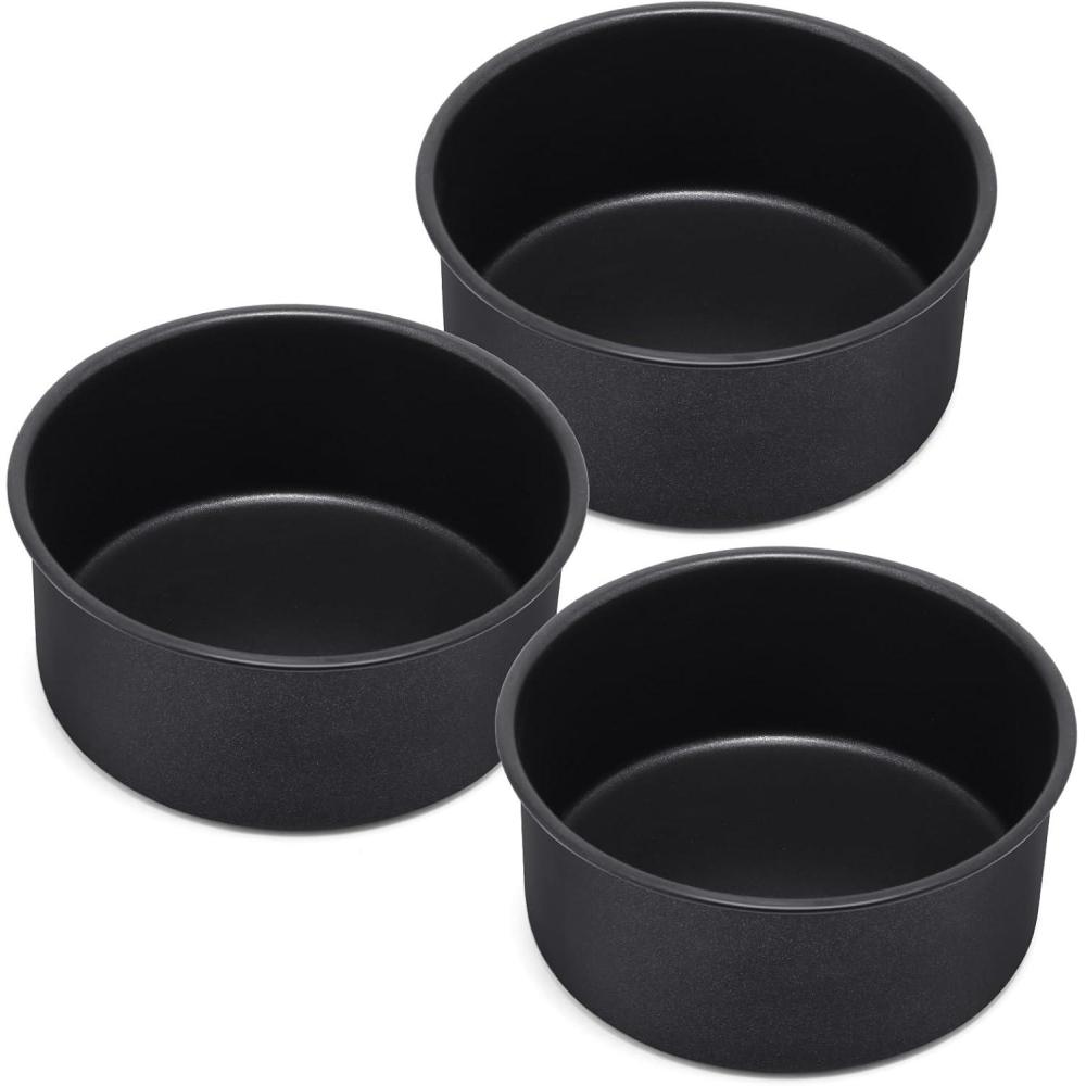E-far 6 x 3 Inch Cake Pan Set of 3, Deep Stainless Steel Small Round Cake Pans Tin for Baking Birthday Wedding Layer Cakes, Stainless Steel Core & Non-toxic Nonstick Coating, Deep & Straight Side(3)