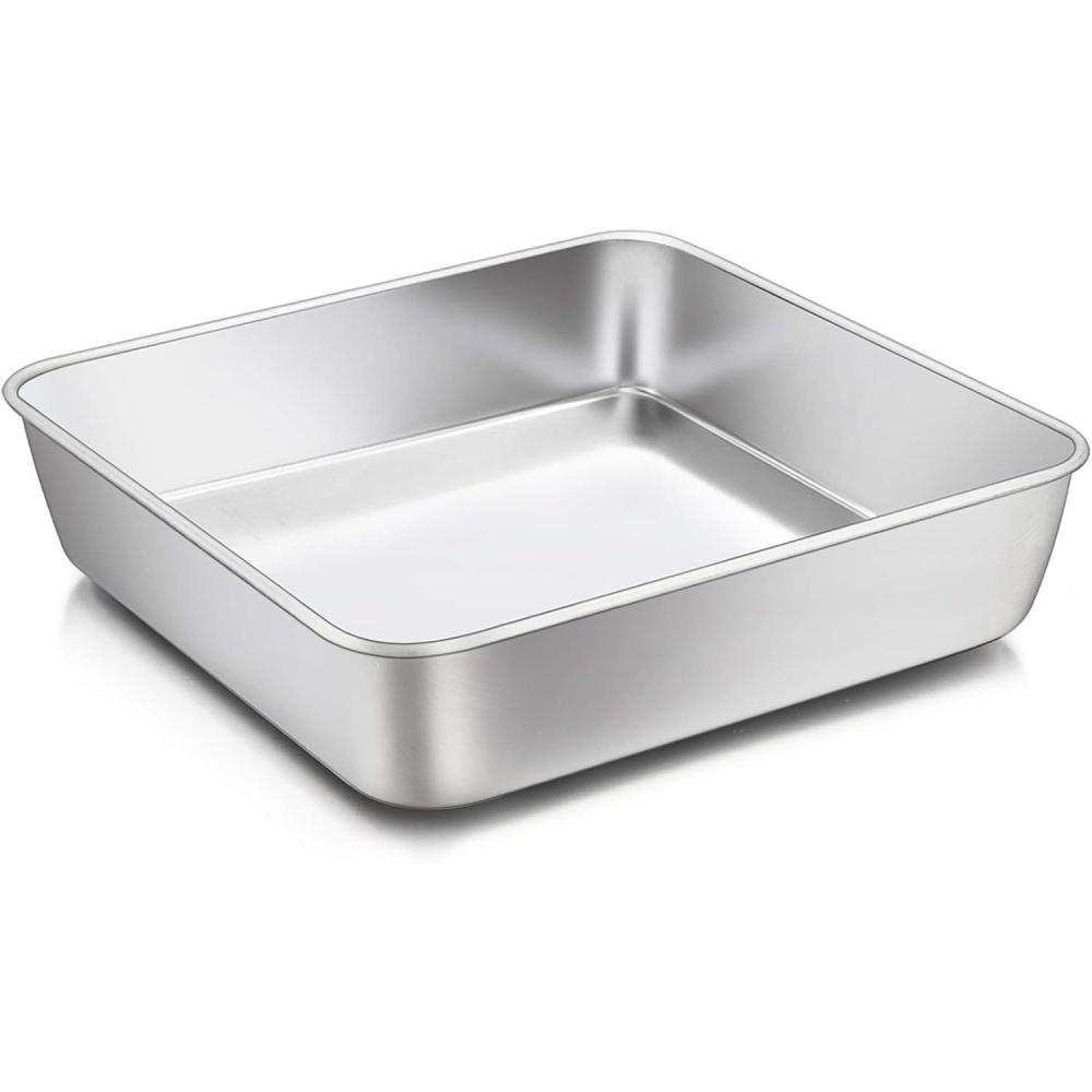 E-far 8 x 8-Inch Baking Pan, Square Cake Brownie Baking Pans Stainless Steel Bakeware, Fits in Small Toaster Oven, Non-toxic & Dishwasher Safe
