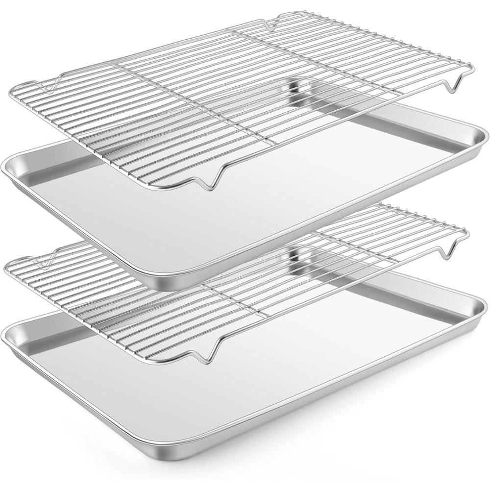 E-far Baking Sheet with Wire Rack (2 Pans + 2 Racks), Stainless Steel Cookie Sheets Pan & Cooling Rack for Baking Cookies Cake, Non Toxic & Heavy Duty, Oven & Dishwasher Safe, 12.4 x 9.7 x 1 Inch(17.7x13)