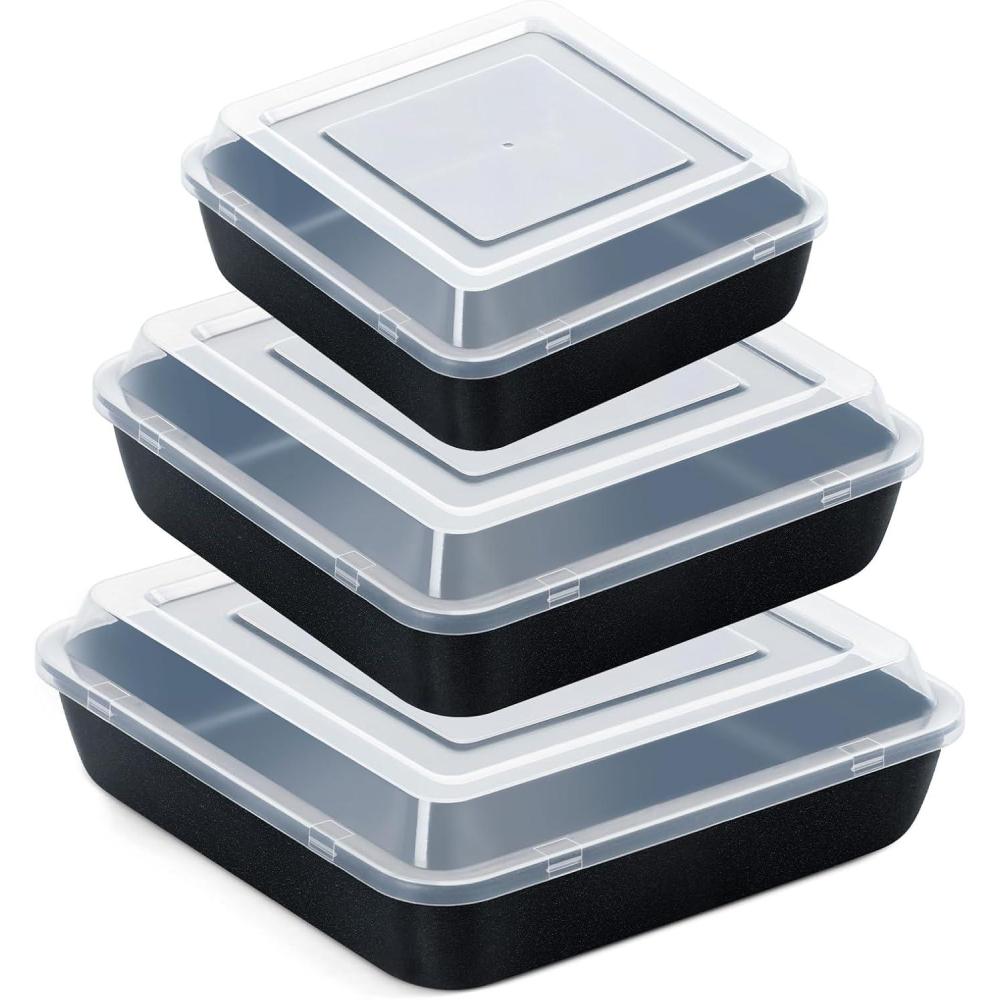 E-far 6/8/9-Inch Square Cake Pan with lid Set, Non-stick Square Baking Brownie Pans Bakeware Set of 3, Stainless Steel Core & Easy Clean – 6 Pieces(3 Pans + 3 Covers)(Nonstick)