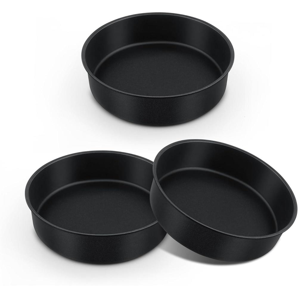 E-far 9.5 Inch Cake Pan Set of 3, Nonstick Round Baking Layer Cake Pans, Stainless Steel Core & Non-Toxic Coating, 2 Inch Deep (Black)(8 Inches)