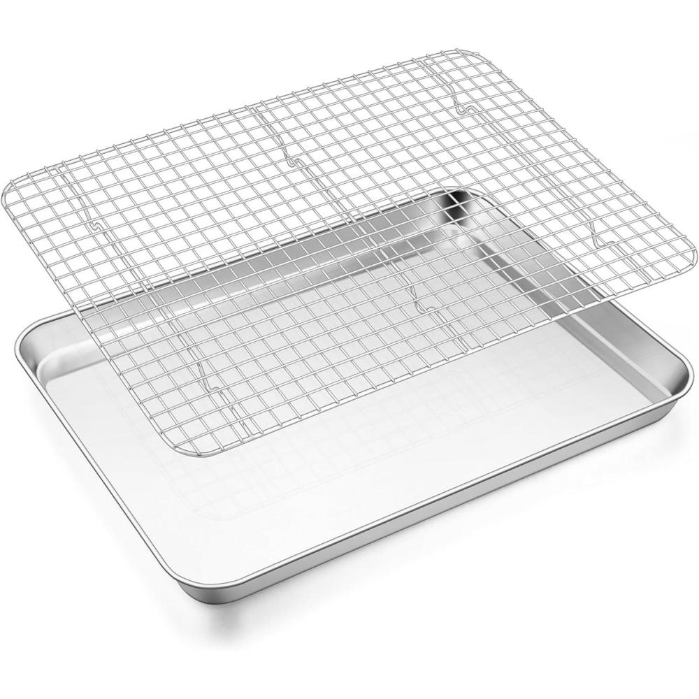 E-far Stainless Steel Baking Sheet with Wire Rack Set, 16 x 12 Cookie Sheet Baking Pan for Oven, Rimmed Large Metal Tray with Cooling Rack for Cooking Roasting, Non-Toxic & Dishwasher Safe(17.6″x13″)
