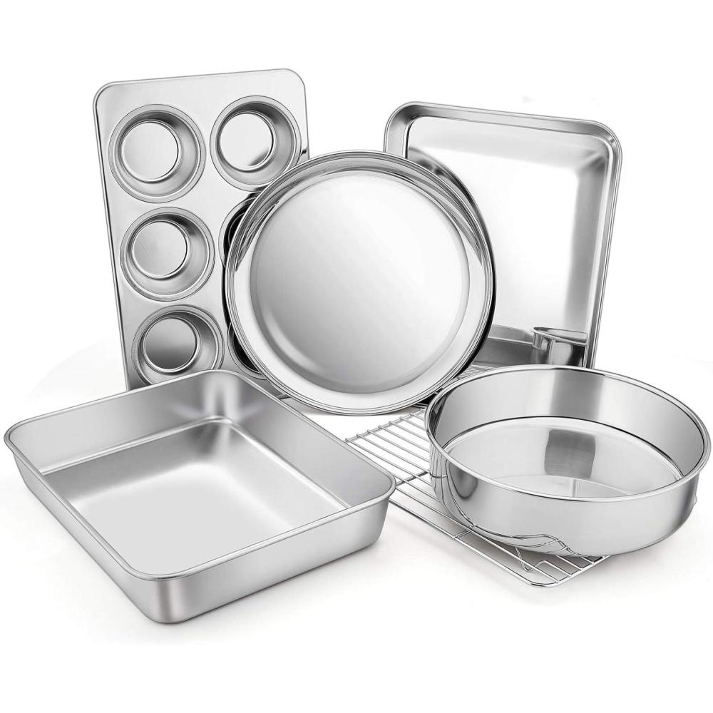 Toaster Oven Bakeware Set, E-far 6-Piece Stainless Steel Small Baking Pan Set, Include Cake Brownie Pan/Cookie Sheet with Rack/Muffin Tin/Pizza Pan, Non-Toxic & Healthy, Easy Clean & Dishwasher Safe(6 Pieces)