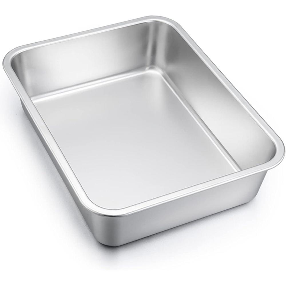 Lasagna Pan Set of 2, E-far Deep Stainless Steel Baking Pans, 12.75 x10 x3.2 Inches Rectangular Metal Roasting Baking Dish Bakeware for Oven, Non-Toxic & Heavy Duty, Dishwasher Safe(12.75″ x 10″ (1-Pack))