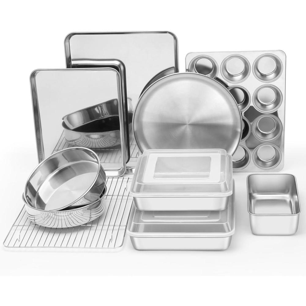 E-far Stainless Steel Baking Pan Set, 9-Piece Bakeware Sets for Cake Cookie Loaf Muffin, Include Round, Square, Rectangle Baking Sheet Pan with Lid & Cooling Rack, Dishwasher Safe(12-Piece Set)