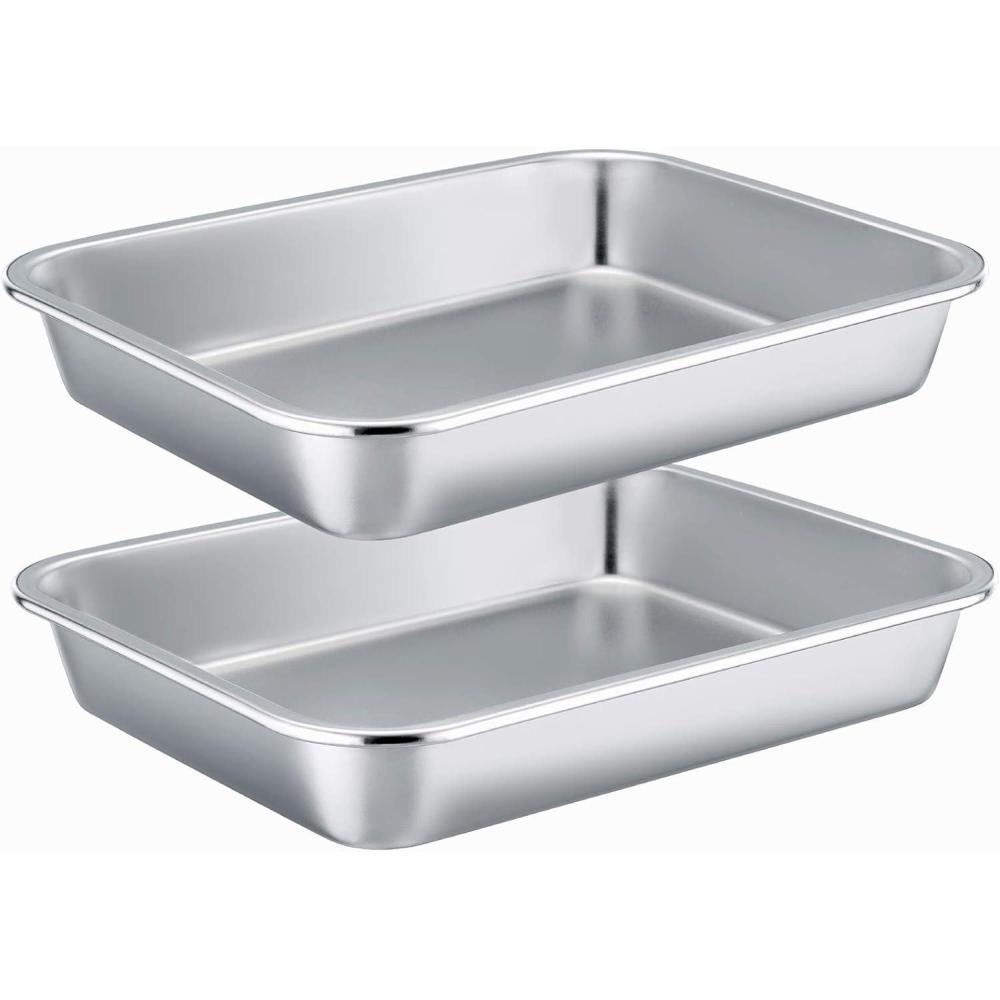 E-far Stainless Steel Sheet Cake Pan Set of 2, 10.6 x 8.3 x1.7 Inches Small Brownie Baking Pan, Rectangular High-Sided Cookie Sheet Pans Fit for Toaster Oven, Non-Toxic & Heavy Duty, Dishwasher Safe