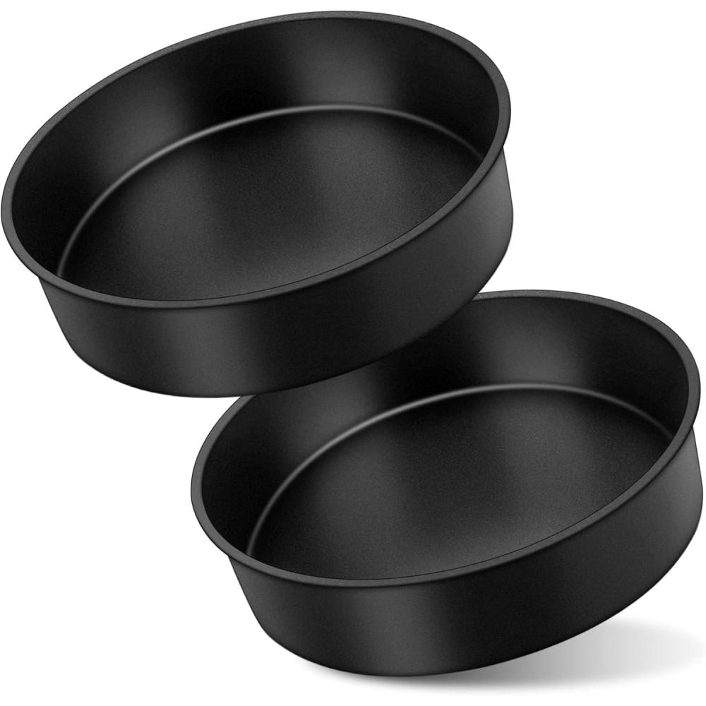E-far 6×2 Inch Cake Pans Set, 2 Pieces Nonstick Round Cake Pans Tins for Baking Small Birthday Wedding Layer Smash Cakes, Stainless Steel Core & Nontoxic Coating, Straight Side(Black)(8×2)