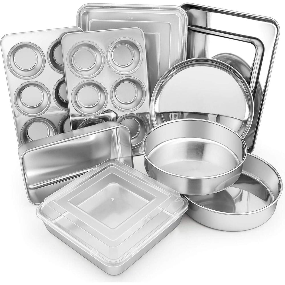E-far 12-Piece Stainless Steel Bakeware Sets, Metal Baking Pan Set Include Round Cake Pans, Square/Rectangle Baking Pans with Lids, Cookie Sheet, Loaf/Muffin/Pizza Pan, Non-toxic & Dishwasher Safe