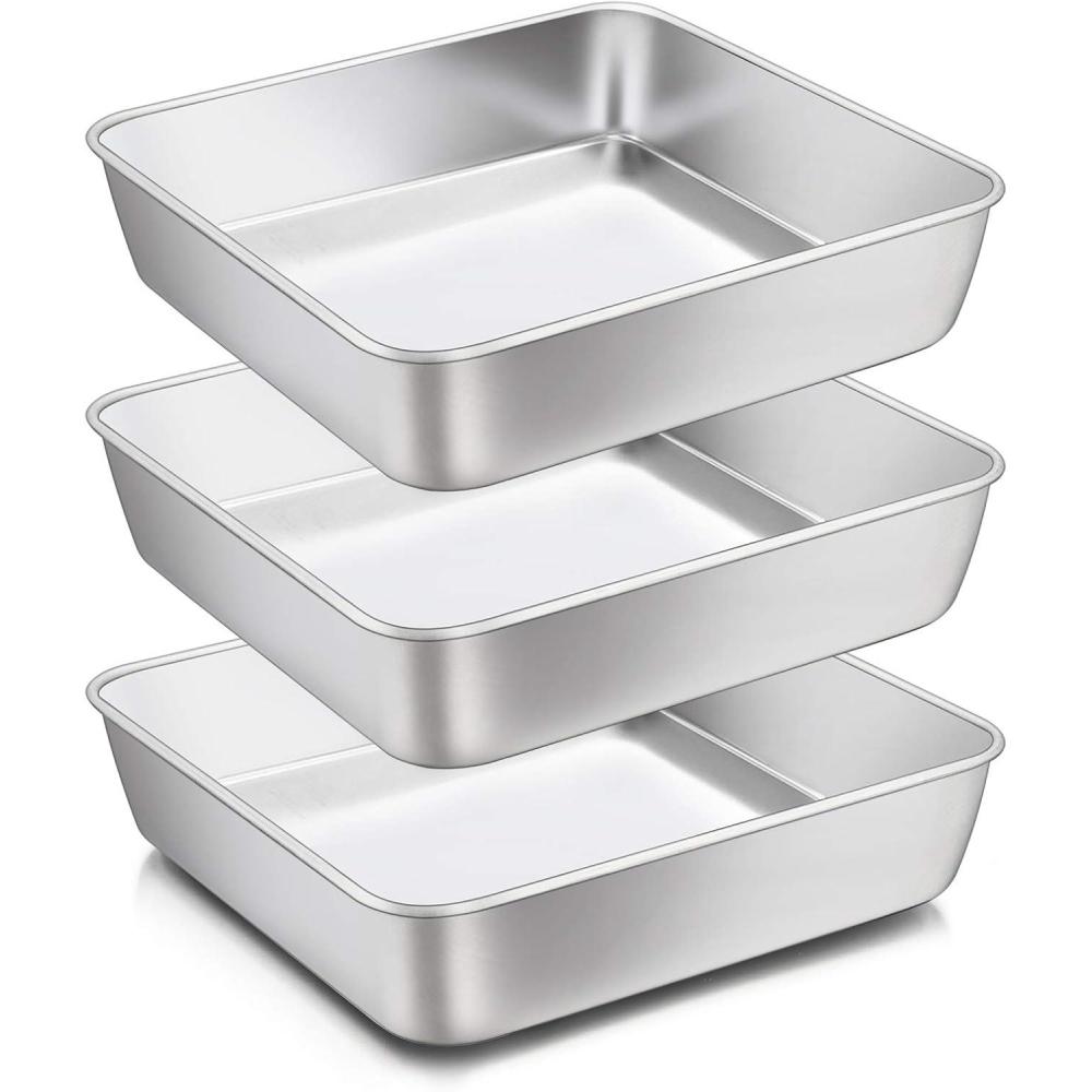 8 x 8-Inch Baking Pan, E-far Square Cake Brownie Baking Pans Stainless Steel Bakeware Set of 3, Fits in Small Toaster Oven, Non-toxic & Dishwasher Safe(3-Piece Set)
