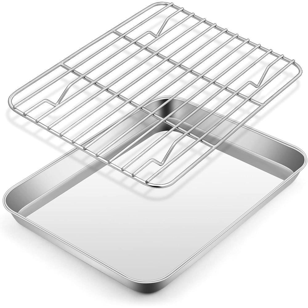 Large Baking Sheet with Rack Set, E-far 20x14 Stainless Steel Cookie Sheet Pan for Oven Cooking Roasting, Rimmed Metal Tray with Wire Cooling Rack for Bacon Meat Steak – Dishwasher Safe(10.5x8.3)