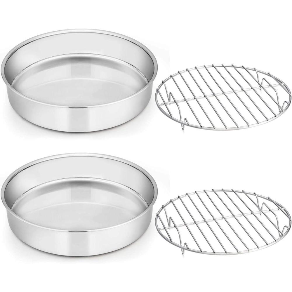 E-far 6 Inch Cake Pan Set of 2, Stainless Steel Round Smash Cake Baking Pans, Non-Toxic & Healthy, Mirror Finish & Dishwasher Safe(8-Inch (2 Cake Pans + 2 Racks))