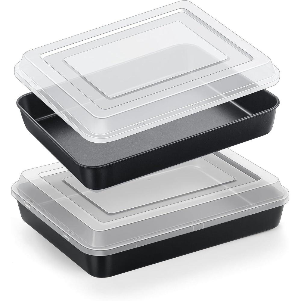 E-far Baking Pan with Lid, 9.75 x 12.5 x 2 Inch Nonstick Rectangle Cake Pans with Covers, 2 Sheet Pans Bakeware and 2 Lids for Brownies Cakes, Non-toxic & Stainless Steel Core, 2 Inch Deep(10.4x8x2 Inches)