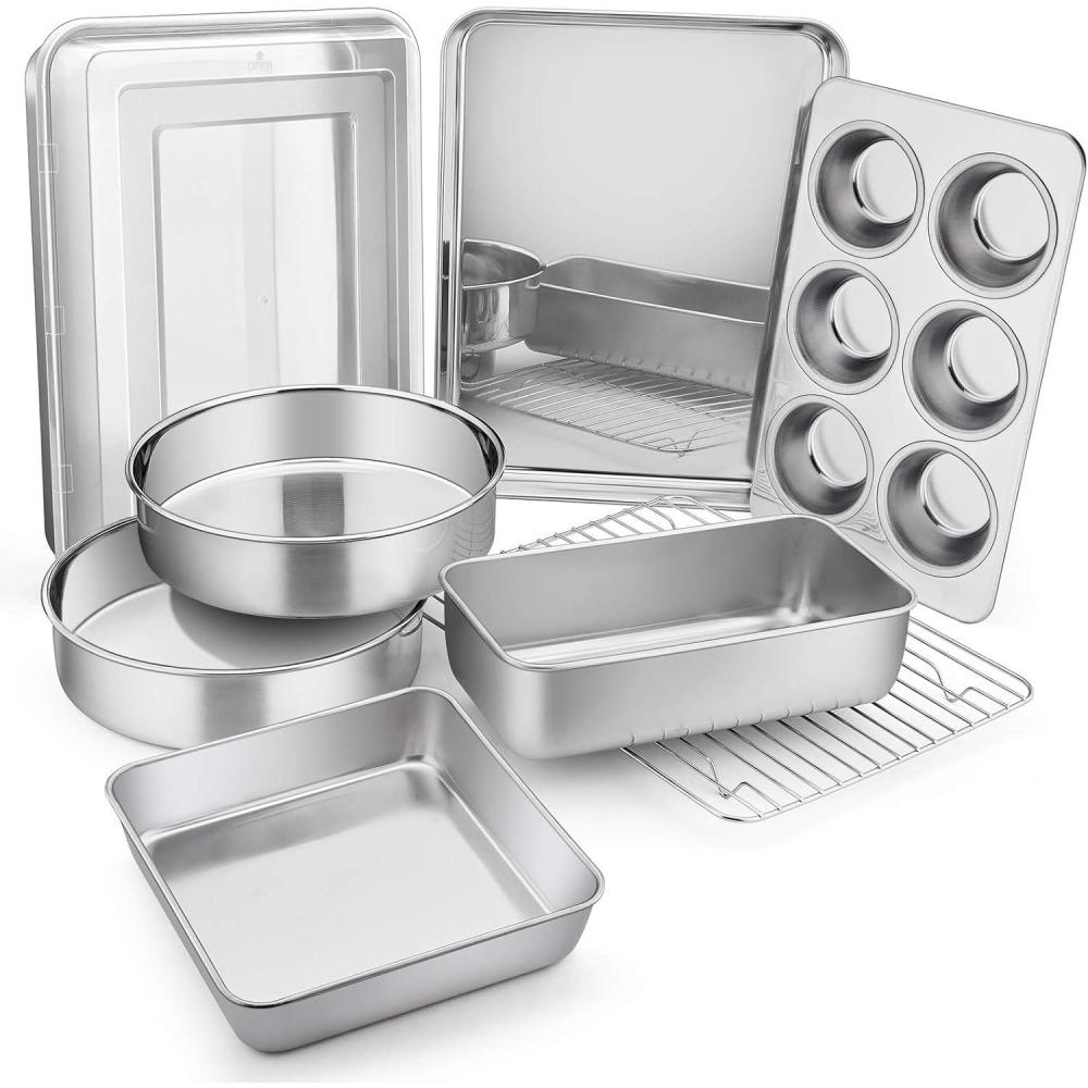 E-far Stainless Steel Baking Pan Set, 9-Piece Bakeware Sets for Cake Cookie Loaf Muffin, Include Round, Square, Rectangle Baking Sheet Pan with Lid & Cooling Rack, Dishwasher Safe(9-Piece Set)