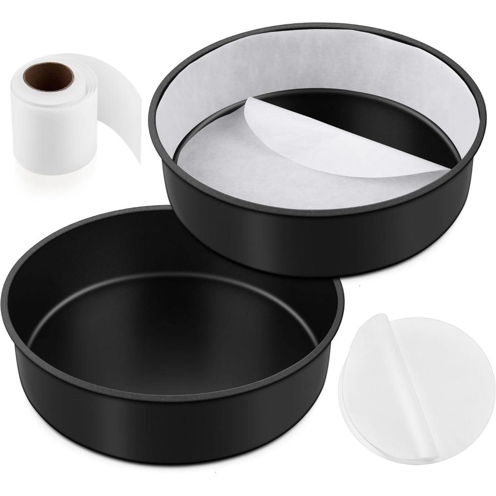E-far 8 Inch Cake Pans Set of 2, Nonstick Stainless Steel Small Round Baking Pans with Parchment Paper & Side Liner Roll, Stainless Steel Core & Non-toxic Coating, Straight Side & 2 Inch Deep(9.5 Inches)