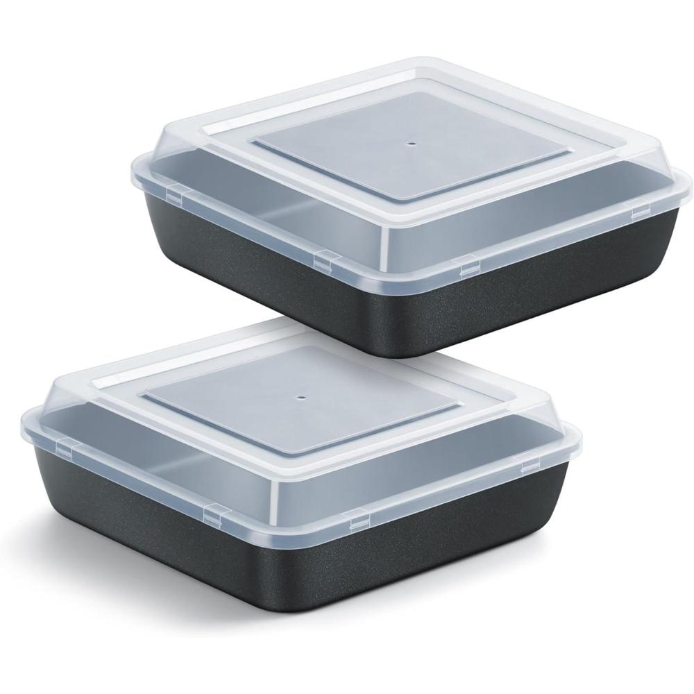 E-far 8×8 Inch Square Baking Pan with Lid Set, Nonstick Square Cake Pans Metal Bakeware for Oven Cooking Lasagna Brownies, Stainless Steel Core & Easy Release, 4 Pieces(2 Pans+2 Covers)(2 pans+2 lids)