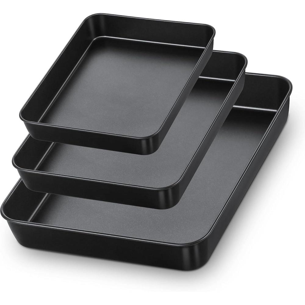 E-far Nonstick Baking Pans Set of 3, Rectangle Stainless Steel Sheet Cake Pan for Toaster Oven, 12.5/10.5/9.4 Inch, Black Bakeware for Brownie Lasagna Casserole Cake, Non-toxic & Healthy, 2 inch Deep