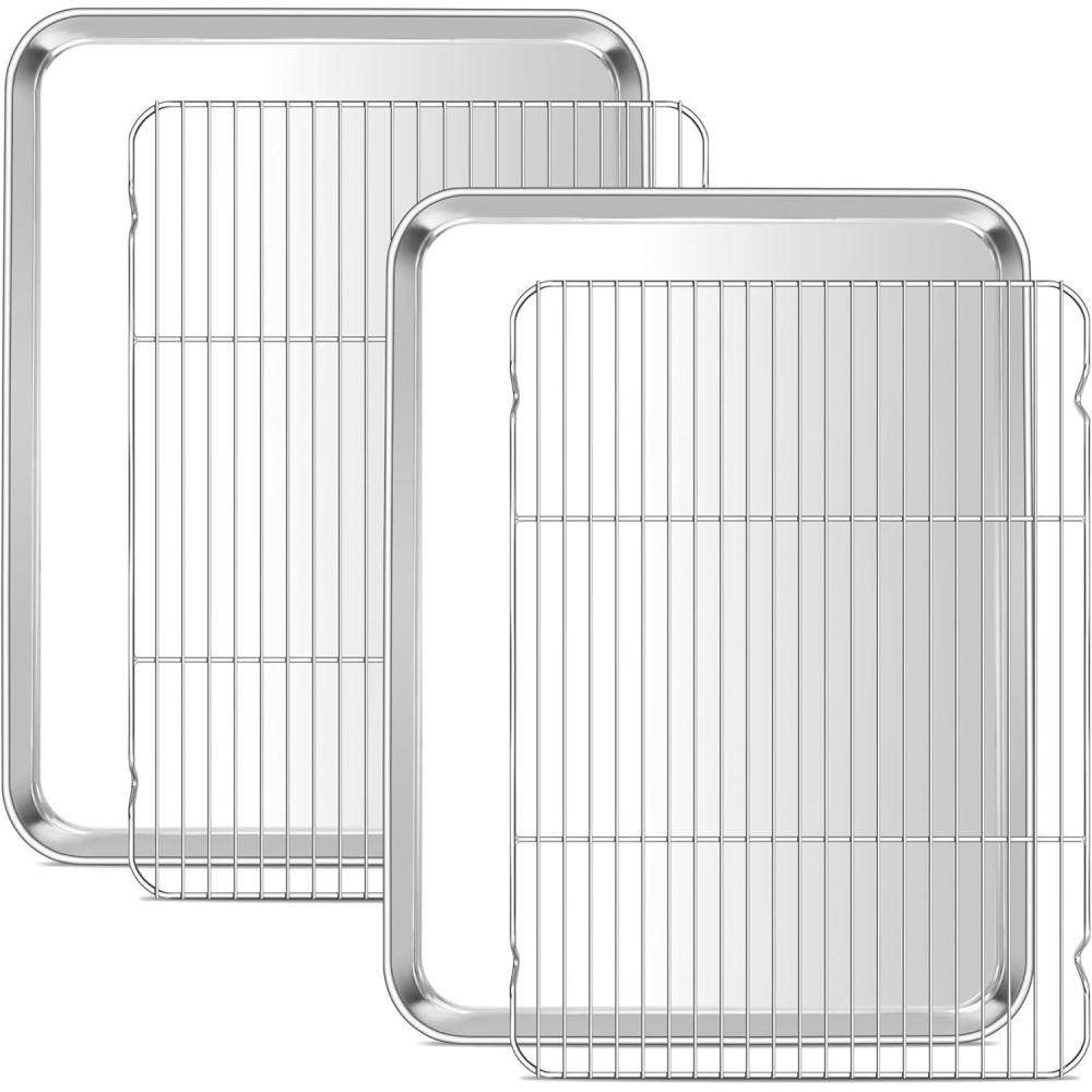 E-far Baking Sheet with Wire Rack (2 Pans + 2 Racks), Stainless Steel Cookie Sheets Pan & Cooling Rack for Baking Cookies Cake, Non Toxic & Heavy Duty, Oven & Dishwasher Safe, 12.4 x 9.7 x 1 Inch(20x14)