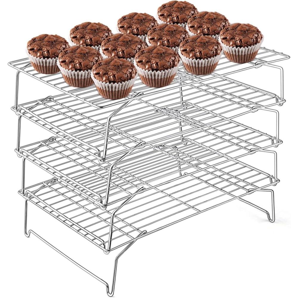 E-far 4-Tier Cooling Rack, 15x10.1″ Stainless Steel Stackable Wire Cooling Rack for Baking Cooking Cookies, Folding Leg & Non-toxic, Oven Safe & Dishwasher Safe(1)