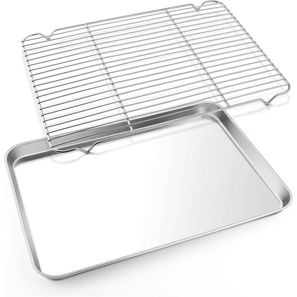 Large Baking Sheet with Rack Set, E-far 20x14 Stainless Steel Cookie Sheet Pan for Oven Cooking Roasting, Rimmed Metal Tray with Wire Cooling Rack for Bacon Meat Steak – Dishwasher Safe(17.7″x13″)