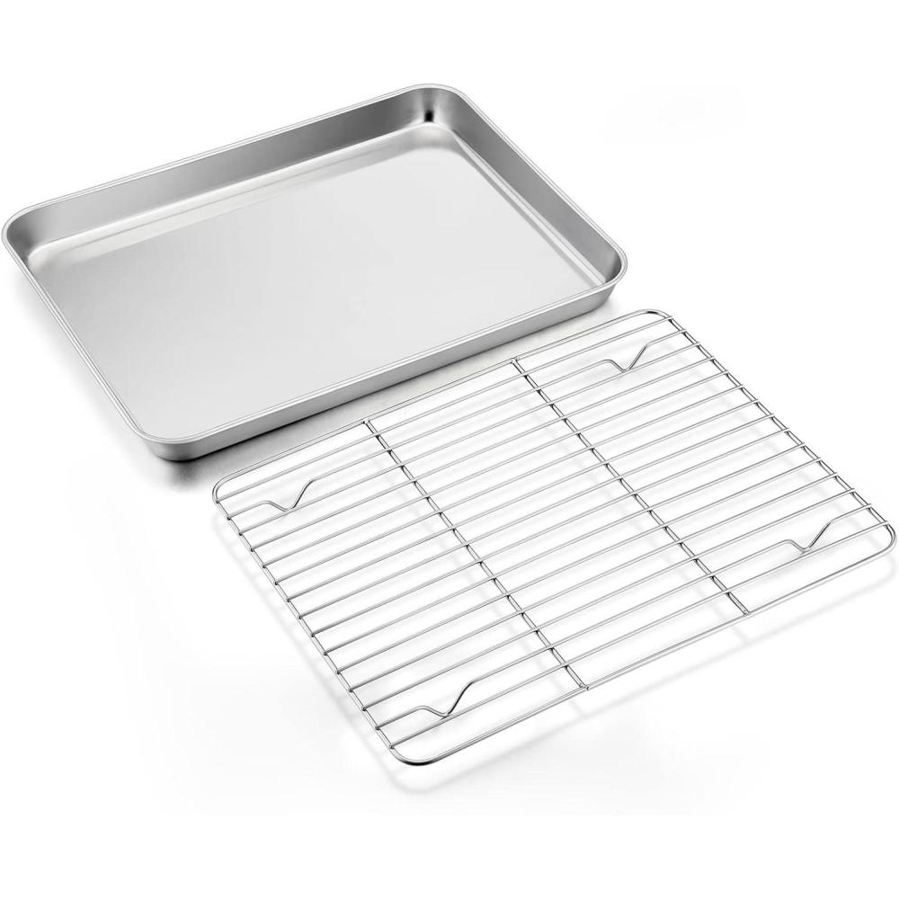 Large Baking Sheet with Rack Set, E-far 20x14 Stainless Steel Cookie Sheet Pan for Oven Cooking Roasting, Rimmed Metal Tray with Wire Cooling Rack for Bacon Meat Steak – Dishwasher Safe(12.4x9.7)