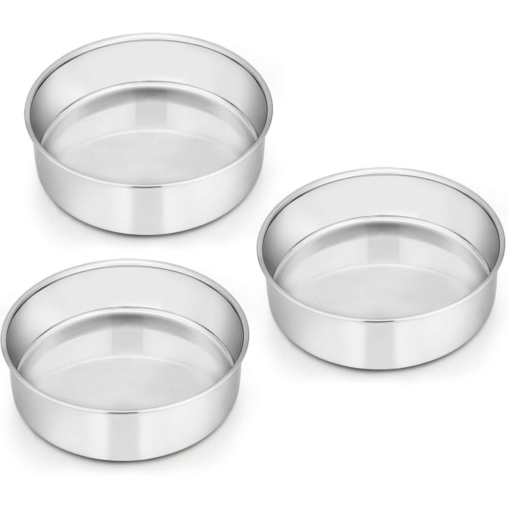 E-far 6 Inch Cake Pan Set of 3, Stainless Steel Round Smash Cake Baking Pans Tins, Non-Toxic & Healthy, Mirror Finish & Dishwasher Safe(6 x 2 Inch)