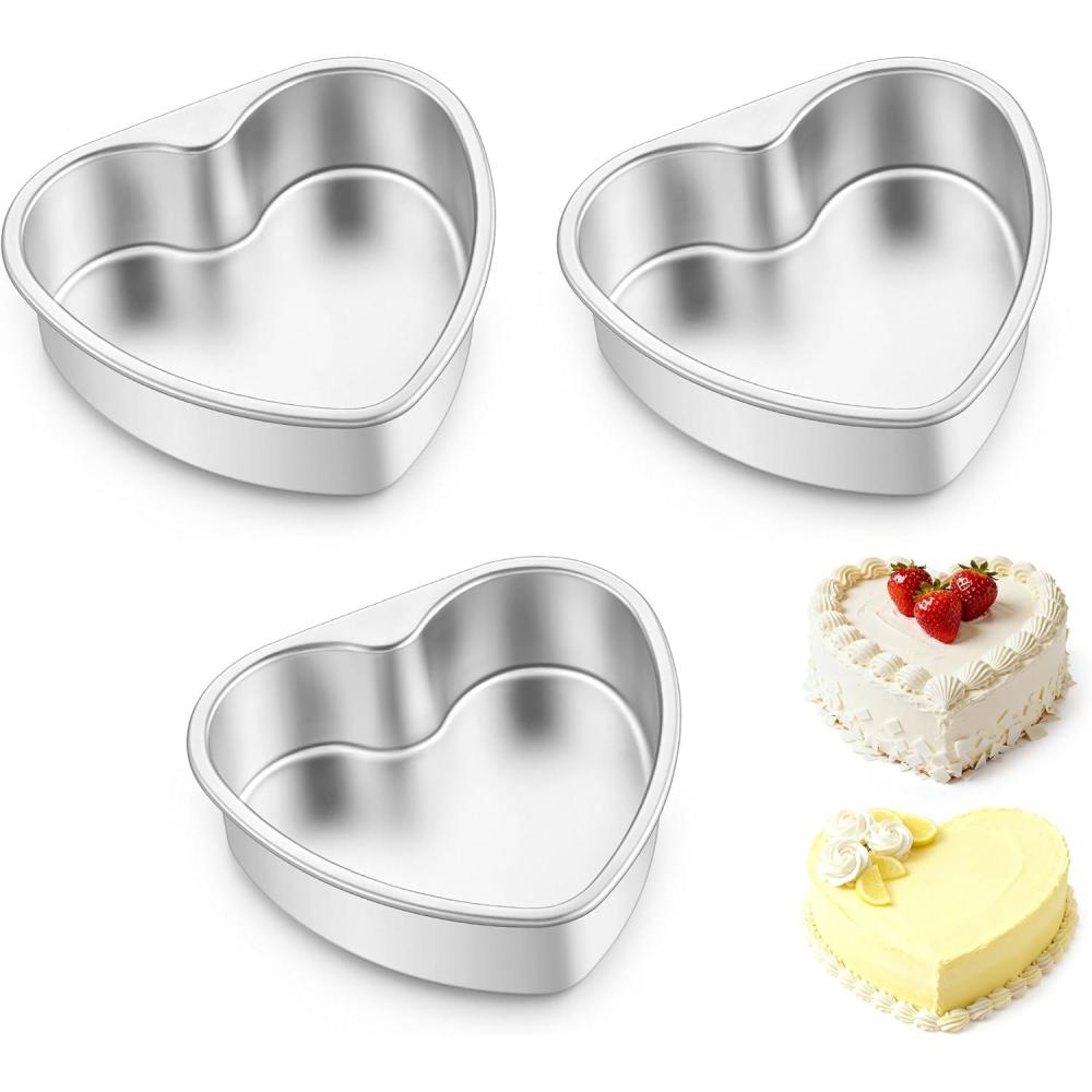 E-far 8 Inch Heart Cake Pan, 2Pcs Stainless Steel Heart Shaped Cake Mold, Cake Tin Baking Pan for Valentine’s Day Anniversaries Wedding, Non-Toxic & Dishwasher Safe(6-Inch (Set of 3))