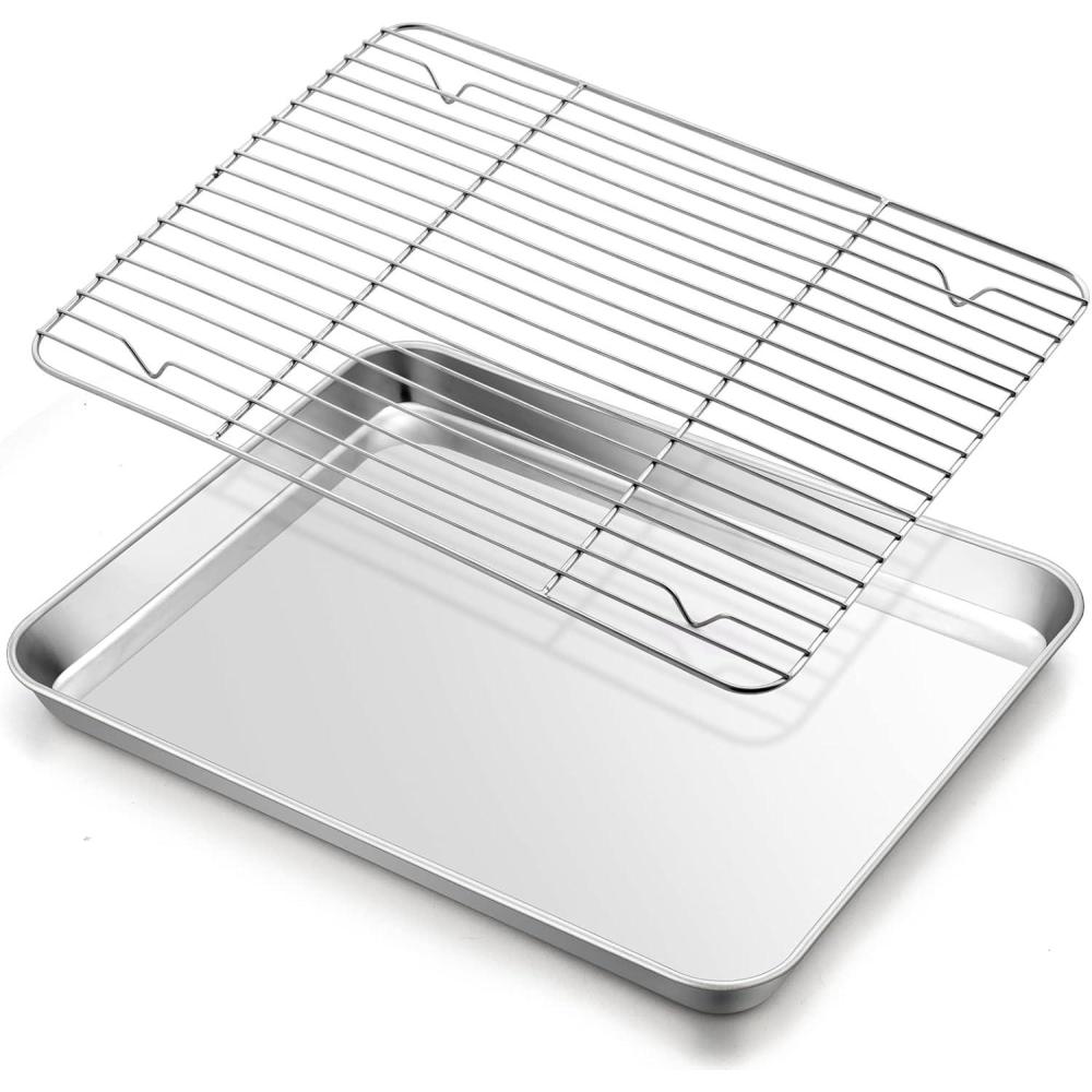 Large Baking Sheet with Rack Set, E-far 20x14 Stainless Steel Cookie Sheet Pan for Oven Cooking Roasting, Rimmed Metal Tray with Wire Cooling Rack for Bacon Meat Steak – Dishwasher Safe(16x12)