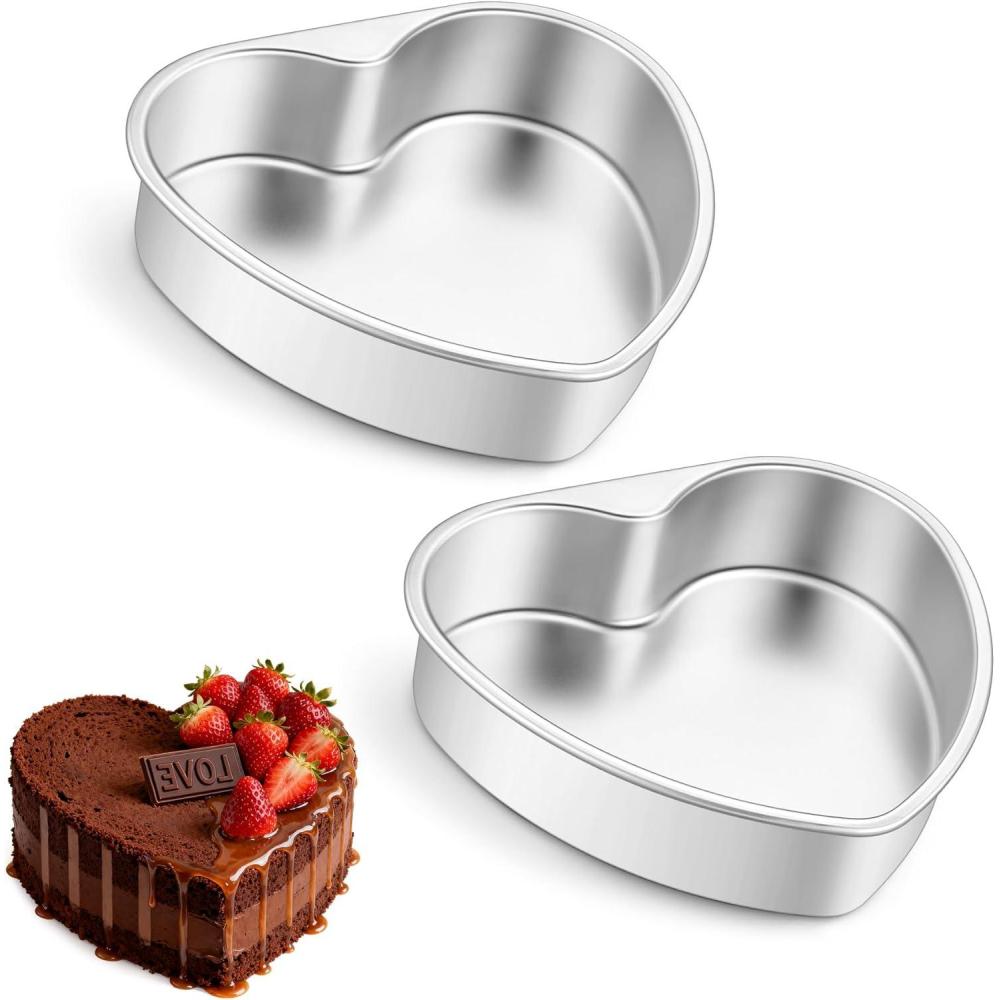 E-far 8 Inch Heart Cake Pan, 2Pcs Stainless Steel Heart Shaped Cake Mold, Cake Tin Baking Pan for Valentine’s Day Anniversaries Wedding, Non-Toxic & Dishwasher Safe(9.5-Inch (Set of 2))