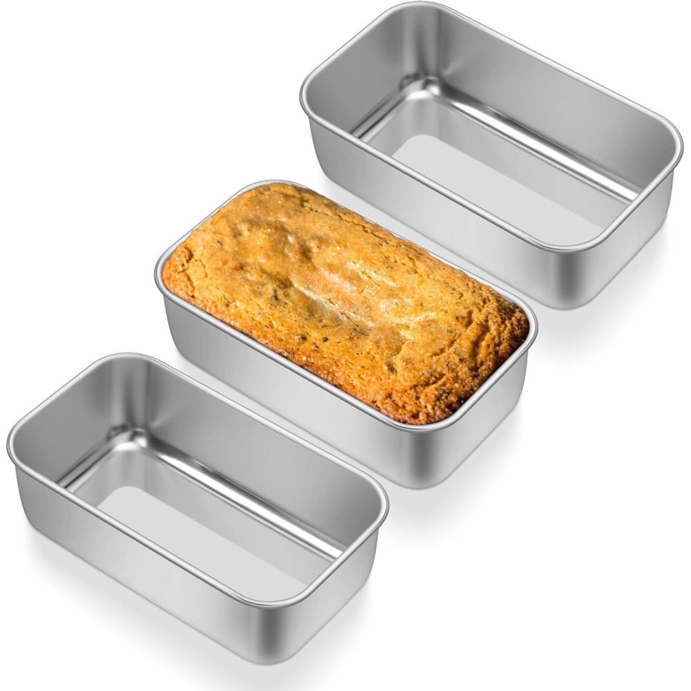 E-far Mini Loaf Pan Set of 4, Small Stainless Steel Bread Baking Pans for Oven, 6.3 x 3.5 Inch Tiny Meatloaf Pans for Homemade Bread Pound Cake Brownies, Non-toxic & Dishwasher Safe(Set of 3)