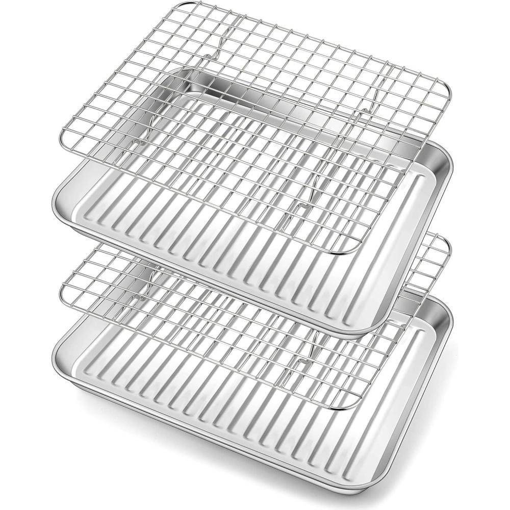 Small Stainless Steel Baking Sheet, E-far Toaster Oven Tray with Rack Set, Metal Textured Broiling Pan with Wire Rack for Cooking/Cooling/Bacon/Cookies/Steak – Dishwasher Safe