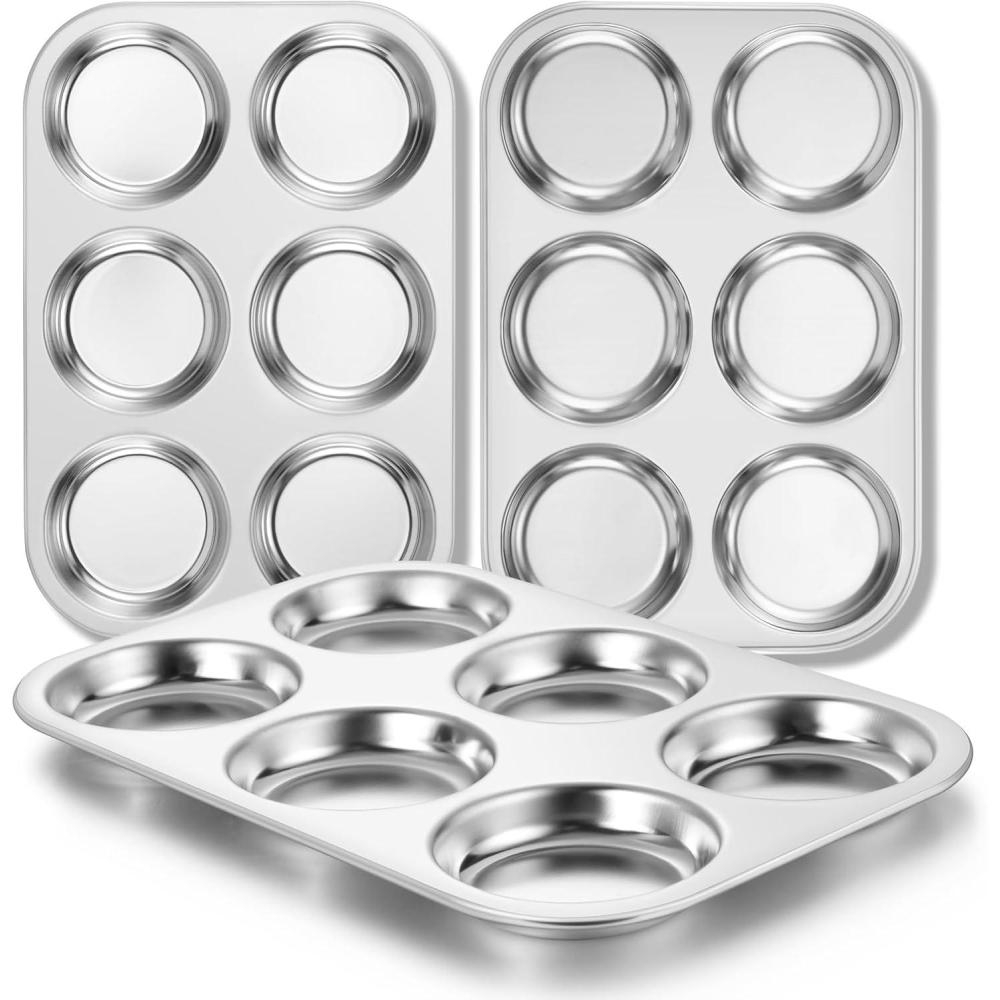 E-far Muffin Top Pan Set of 2, Stainless Steel 6-Cavity Shallow Cupcake Pan for Baking Whoopie Pie, Yorkshire Pudding, Eggs, Cornbread, Drop Cookies, Non-toxic & Standard Size, Oven & Dishwasher Safe(3)