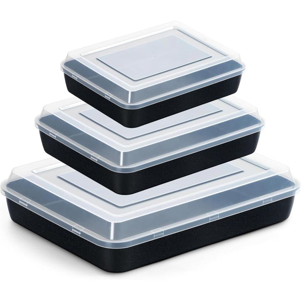 E-far Baking Pans with Lids Set of 3, Nonstick Sheet Cake Pan for Oven Lasagna Brownie Casserole – 12.5/10.5/9.4Inch, Rectangle Metal Bakeware Set, Stainless Steel Core – 6 Pieces(3 Pans + 3 Covers)
