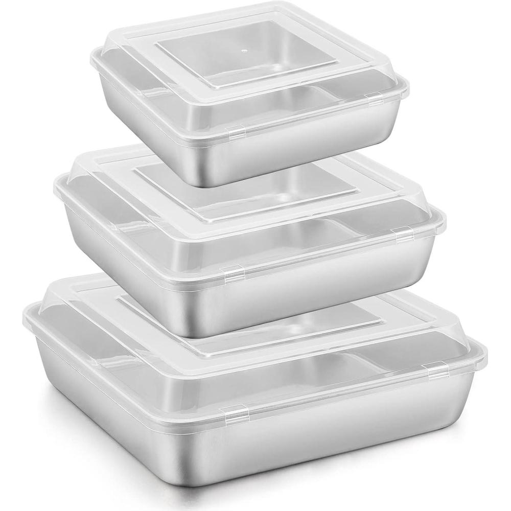 E-far 6/8/9-Inch Square Cake Pan with lid Set, Non-stick Square Baking Brownie Pans Bakeware Set of 3, Stainless Steel Core & Easy Clean – 6 Pieces(3 Pans + 3 Covers)(Stainless Steel)