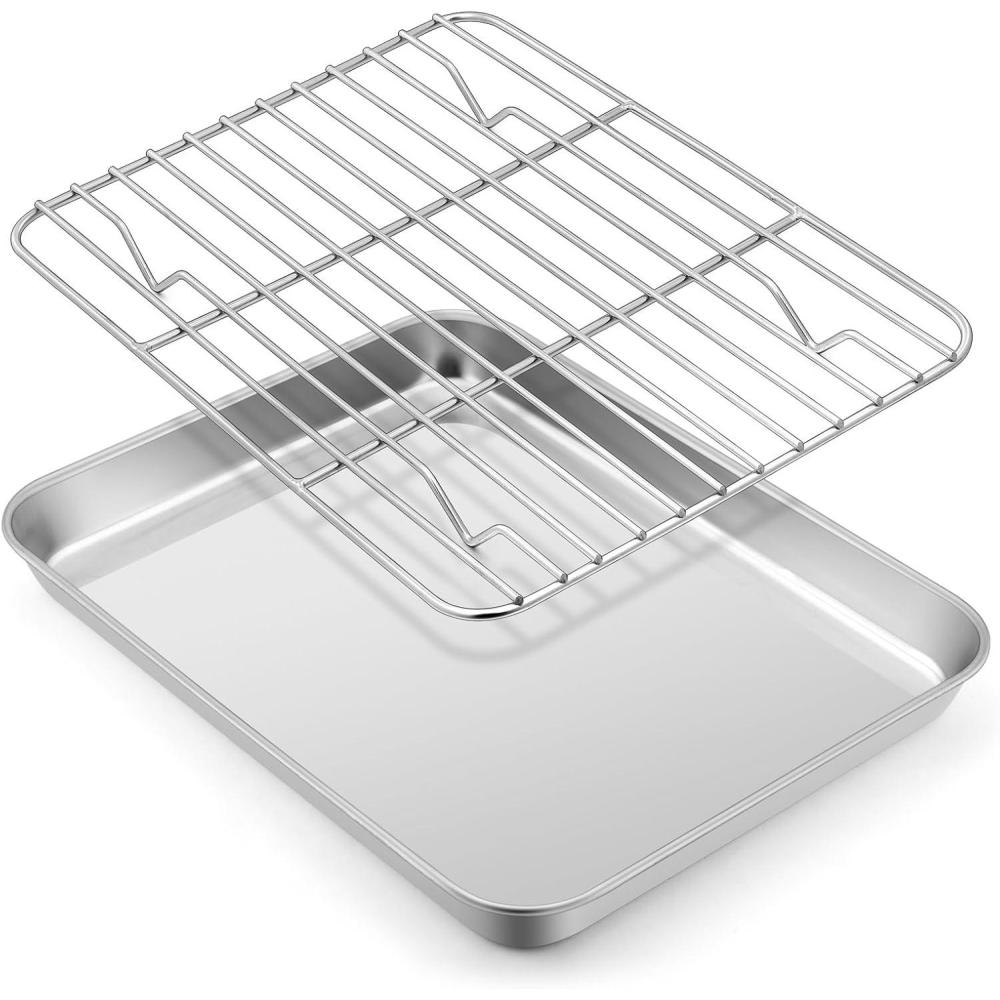 Large Baking Sheet with Rack Set, E-far 20x14 Stainless Steel Cookie Sheet Pan for Oven Cooking Roasting, Rimmed Metal Tray with Wire Cooling Rack for Bacon Meat Steak – Dishwasher Safe(9.4x7.3)