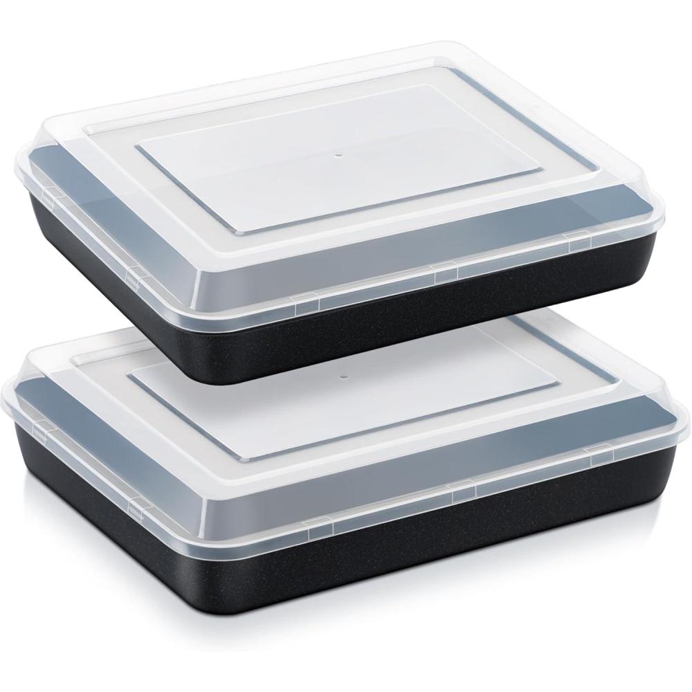 E-far Baking Pan with Lid, 9.75 x 12.5 x 2 Inch Nonstick Rectangle Cake Pans with Covers, 2 Sheet Pans Bakeware and 2 Lids for Brownies Cakes, Non-toxic & Stainless Steel Core, 2 Inch Deep(12.4×9.6×2 Inches)