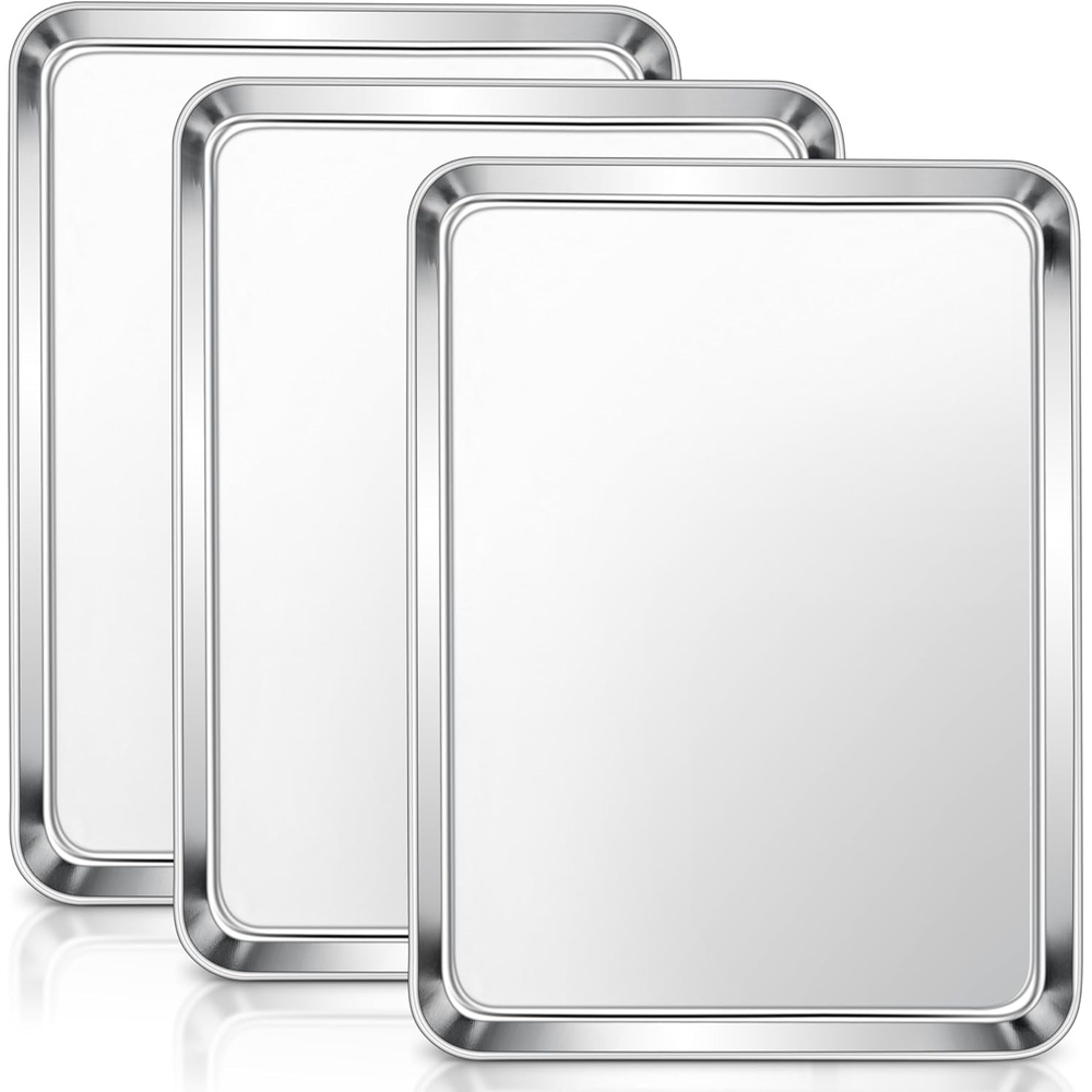 E-far Stainless Steel Baking Sheet 4 Pack, 9″x13″ Cookie Sheets for Baking | Stainless Steel Sheet Cake Pan, Non-toxic Baking Trays for Oven Cooking, Healthy & Rust Free, Easy Clean & Dishwasher Safe(3)