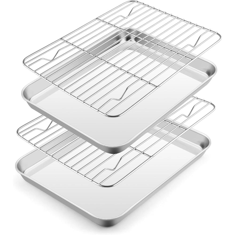 E-far Baking Sheet with Wire Rack (2 Pans + 2 Racks), Stainless Steel Cookie Sheets Pan & Cooling Rack for Baking Cookies Cake, Non Toxic & Heavy Duty, Oven & Dishwasher Safe, 12.4 x 9.7 x 1 Inch(10.5x8.3)