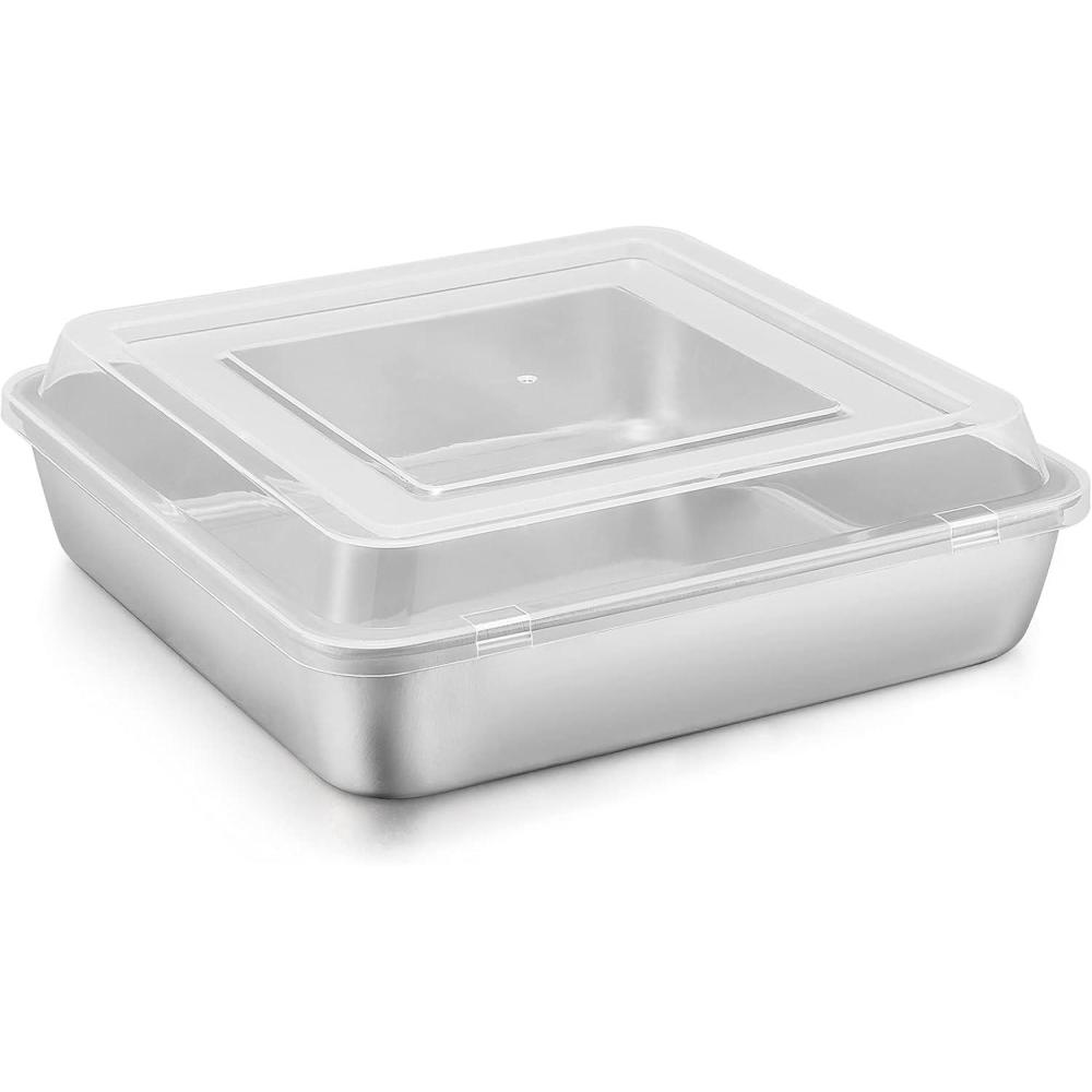 E-far 9 Inch Square Cake Pan with lid, 9×9 Baking Brownie Pans Stainless Steel Bakeware Set of 2, Non-toxic & Healthy, Easy Clean & Dishwasher Safe – 4 Pieces(2 Pans + 2 Lids)(2)