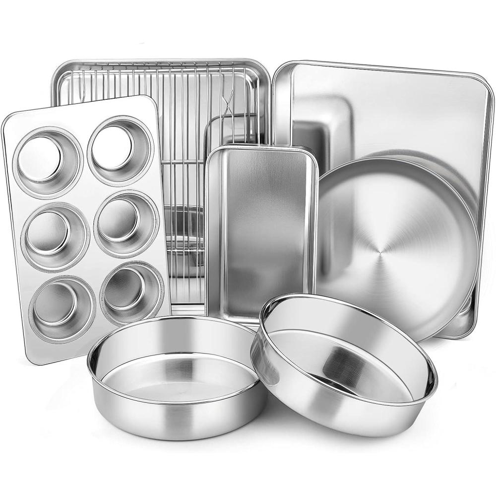 Toaster Oven Bakeware Set, E-far 6-Piece Stainless Steel Small Baking Pan Set, Include Cake Brownie Pan/Cookie Sheet with Rack/Muffin Tin/Pizza Pan, Non-Toxic & Healthy, Easy Clean & Dishwasher Safe(8 Pieces)