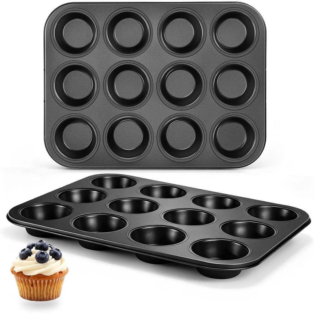 E-far 12-Cup Muffin Pan, 2 Pack Nonstick Carbon Steel Cupcake Pan Tin Tray | Metal Bakeware Muffin Baking Tins for Oven, Standard Size, Ideal for Muffins, Cake Tart, Brownies, Easy Clean & Non-toxic(2)