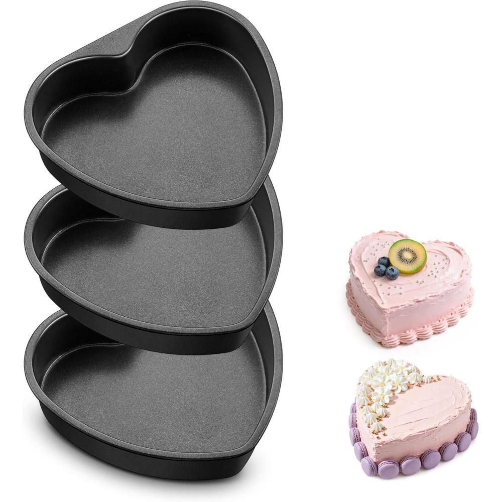 E-far 8 Inch Heart Cake Pan, 2Pcs Nonstick Heart Shaped Cake Mold, Cake Tin Baking Pan for Valentine’s Day Anniversaries Wedding Birthday, Easy Release & Clean(8-Inch (Set of 3))