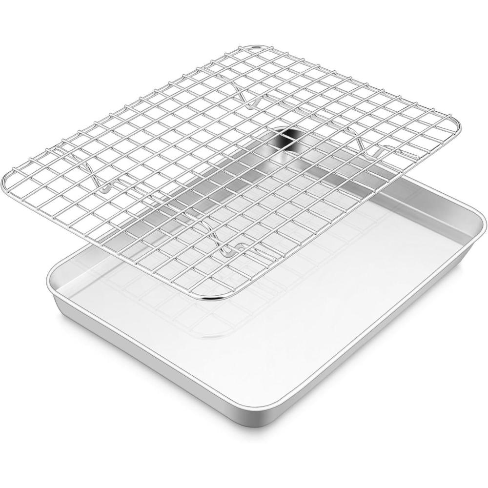 E-far Stainless Steel Baking Sheet with Wire Rack Set, 16 x 12 Cookie Sheet Baking Pan for Oven, Rimmed Large Metal Tray with Cooling Rack for Cooking Roasting, Non-Toxic & Dishwasher Safe(10.5″x8″)