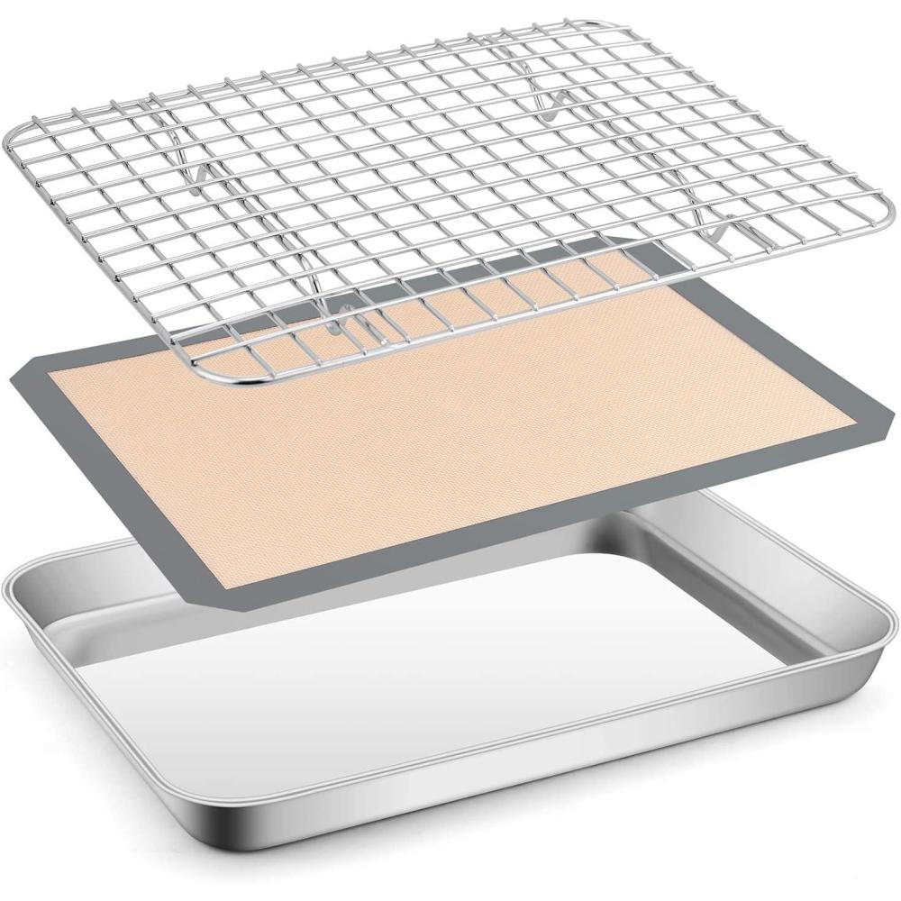 Stainless Steel Baking Sheet with Rack Set, E-far 16x12 Cookie Sheet Pan for Oven, Rimmed Metal Tray with Wire Cooling Rack for Cooking Roasting Resting Bacon Meat Steak – Dishwasher Safe(3)