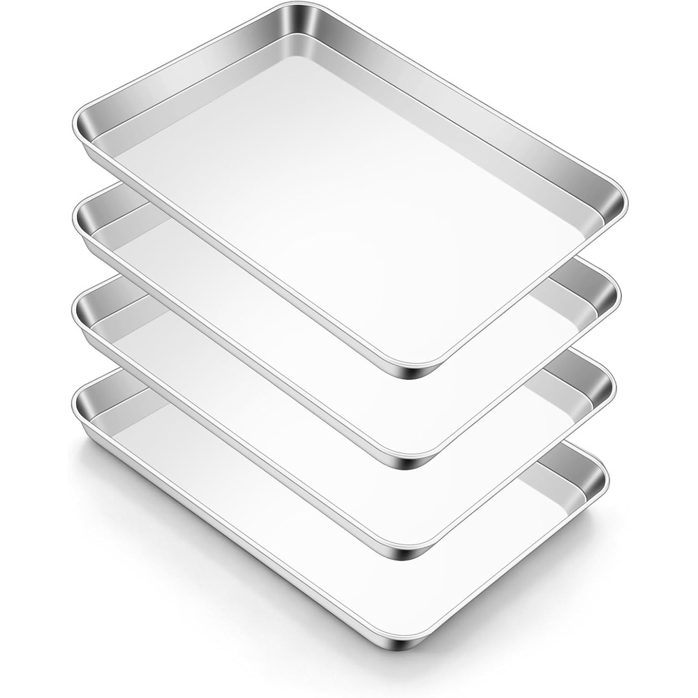 E-far Stainless Steel Baking Sheet 4 Pack, 9″x13″ Cookie Sheets for Baking | Stainless Steel Sheet Cake Pan, Non-toxic Baking Trays for Oven Cooking, Healthy & Rust Free, Easy Clean & Dishwasher Safe(4)