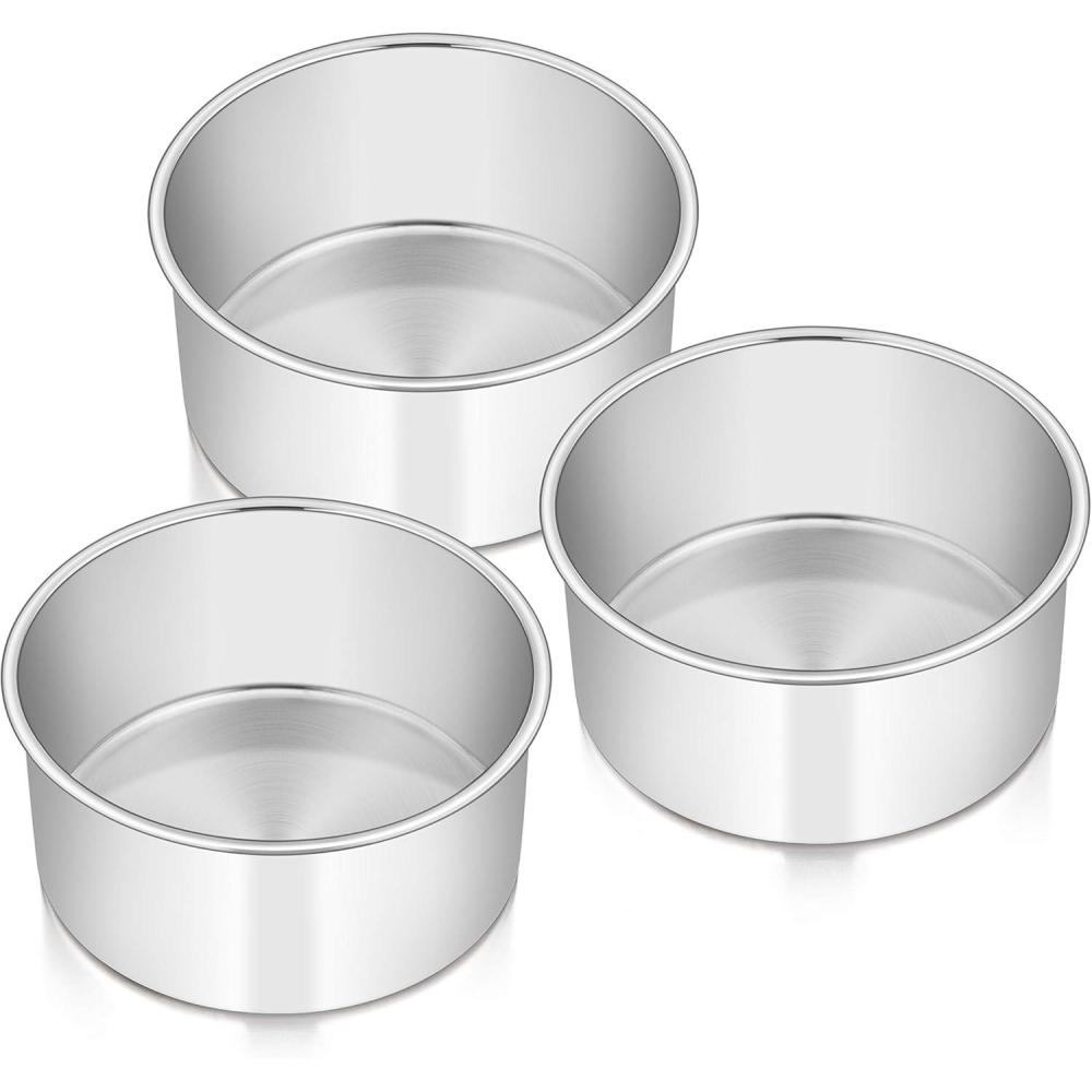E-far 6 Inch Cake Pan Set of 3, Stainless Steel Round Smash Cake Baking Pans Tins, Non-Toxic & Healthy, Mirror Finish & Dishwasher Safe(6 x 3 Inch)