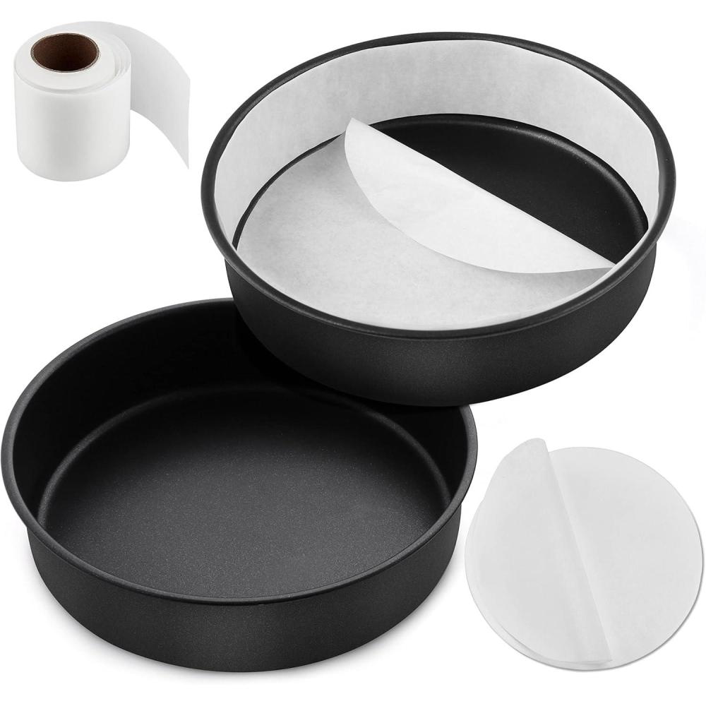 E-far 8 Inch Cake Pans Set of 2, Nonstick Stainless Steel Small Round Baking Pans with Parchment Paper & Side Liner Roll, Stainless Steel Core & Non-toxic Coating, Straight Side & 2 Inch Deep(8 Inches)