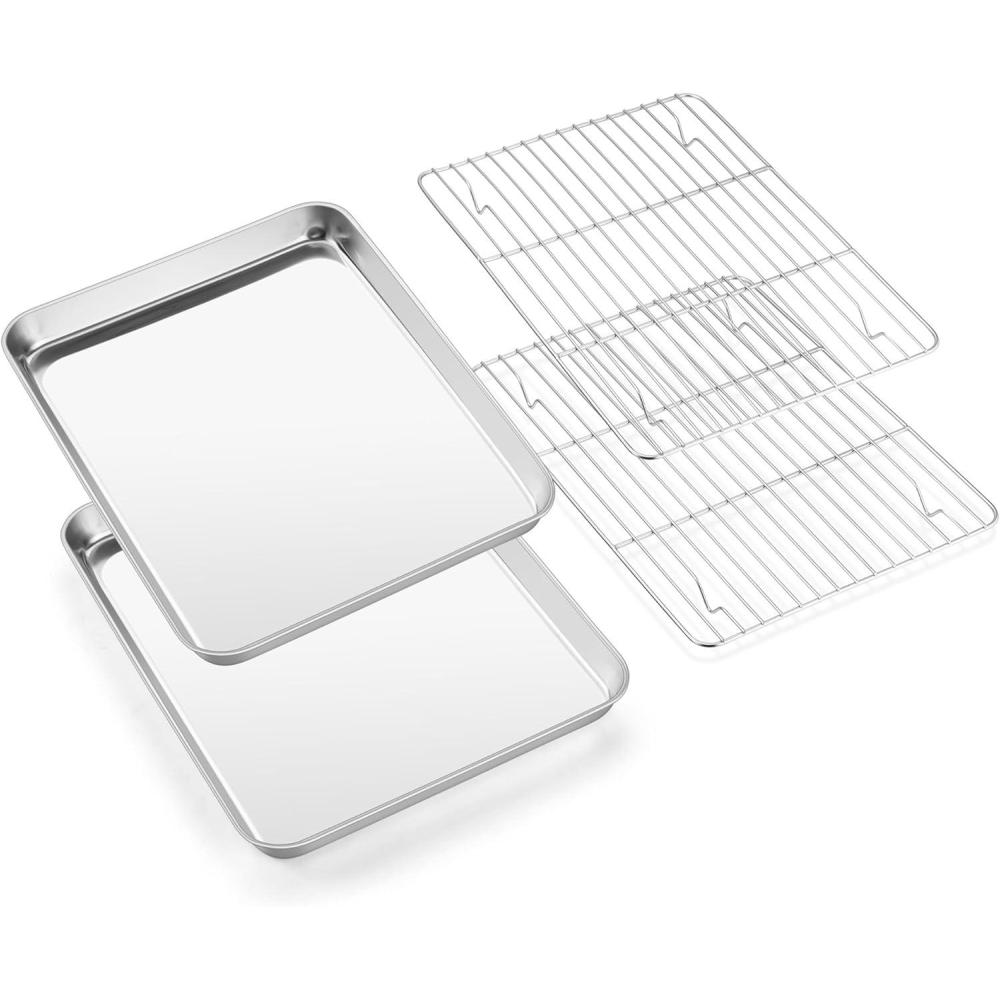 E-far Baking Sheet with Wire Rack (2 Pans + 2 Racks), Stainless Steel Cookie Sheets Pan & Cooling Rack for Baking Cookies Cake, Non Toxic & Heavy Duty, Oven & Dishwasher Safe, 12.4 x 9.7 x 1 Inch(12.4x9.7)