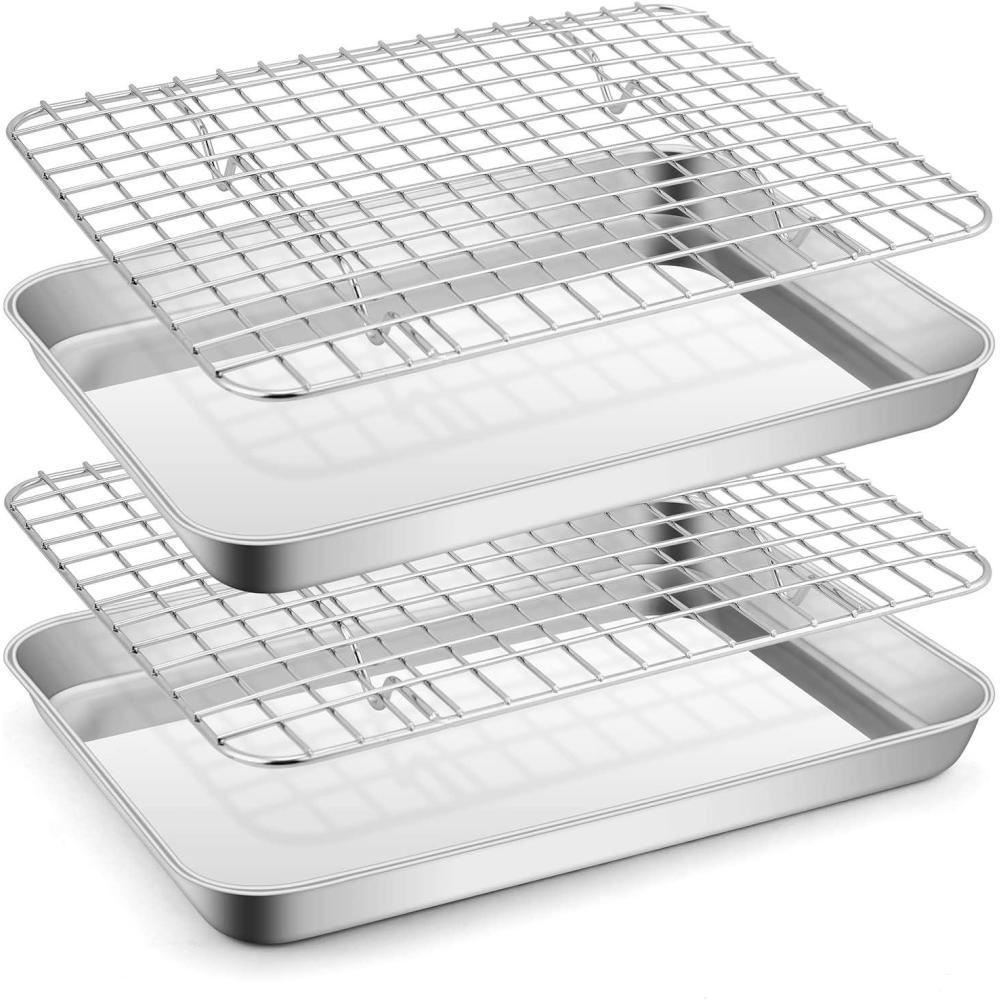 Stainless Steel Baking Sheet with Rack Set, E-far 16x12 Cookie Sheet Pan for Oven, Rimmed Metal Tray with Wire Cooling Rack for Cooking Roasting Resting Bacon Meat Steak – Dishwasher Safe(4)