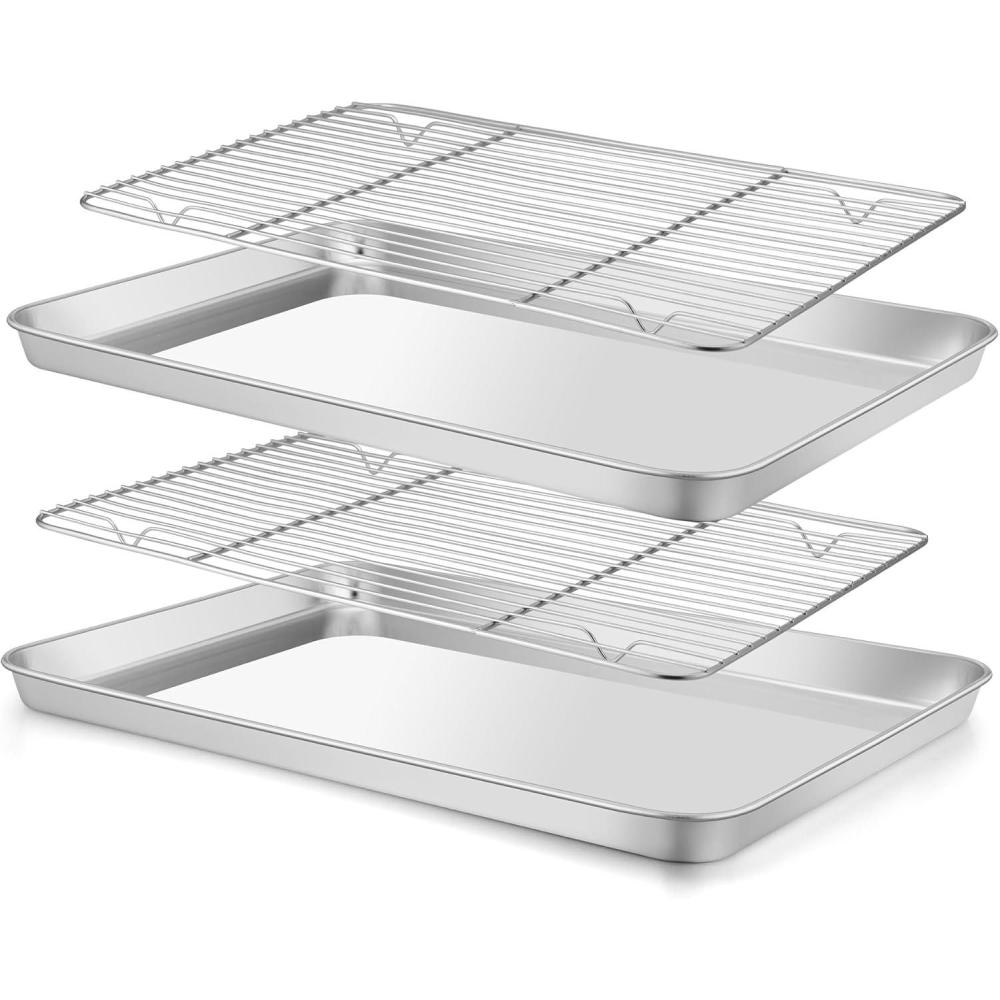 E-far Baking Sheet with Wire Rack (2 Pans + 2 Racks), Stainless Steel Cookie Sheets Pan & Cooling Rack for Baking Cookies Cake, Non Toxic & Heavy Duty, Oven & Dishwasher Safe, 12.4 x 9.7 x 1 Inch(16x12)