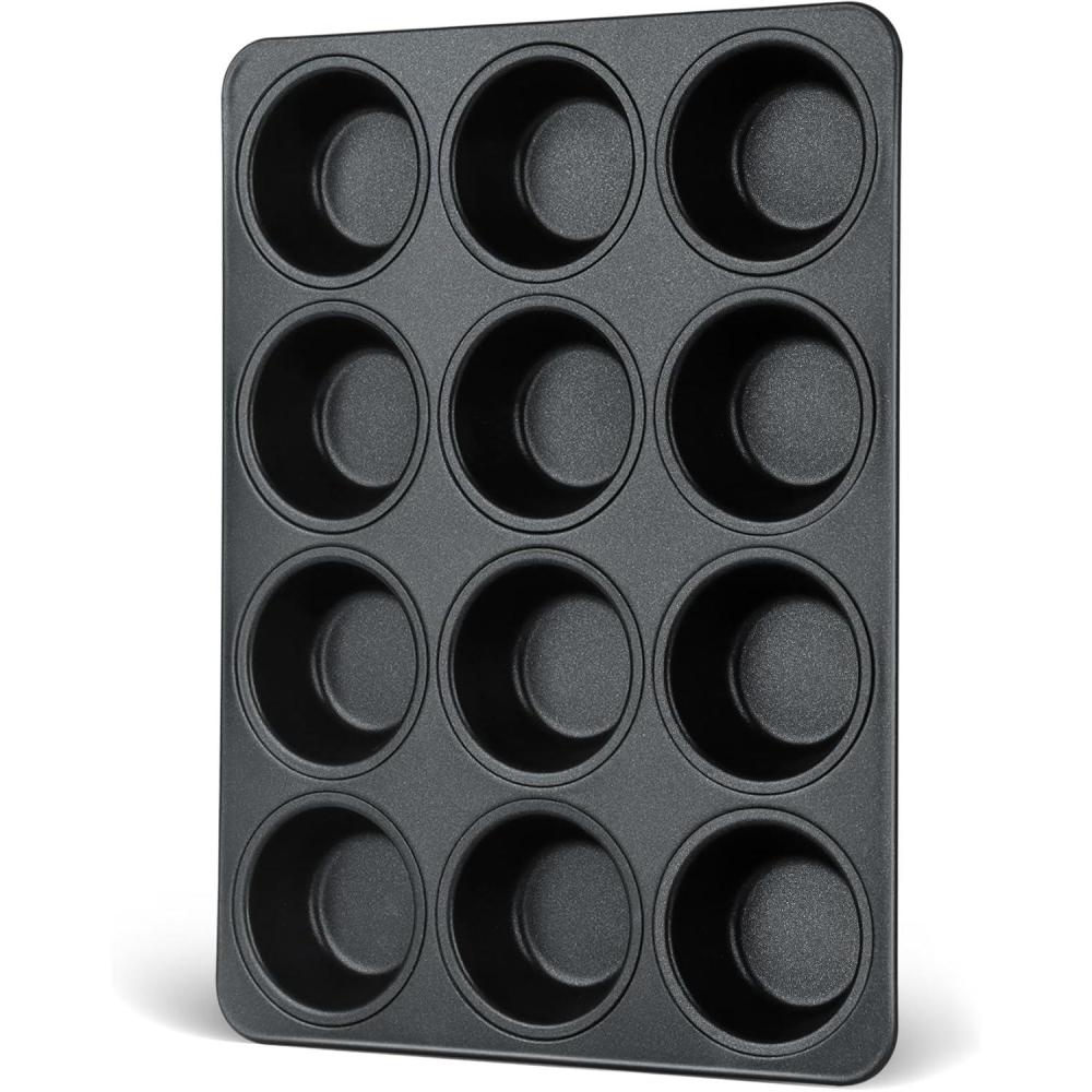 E-far Stainless Steel Muffin Pan Set of 5, 12 Cups Cupcake Pans Tins for Baking, Non-Toxic Metal Muffin Tray Molds for Small Mini Cupcake, Heavy Duty & Regular Size, Rust Free & Dishwasher Safe(Black)